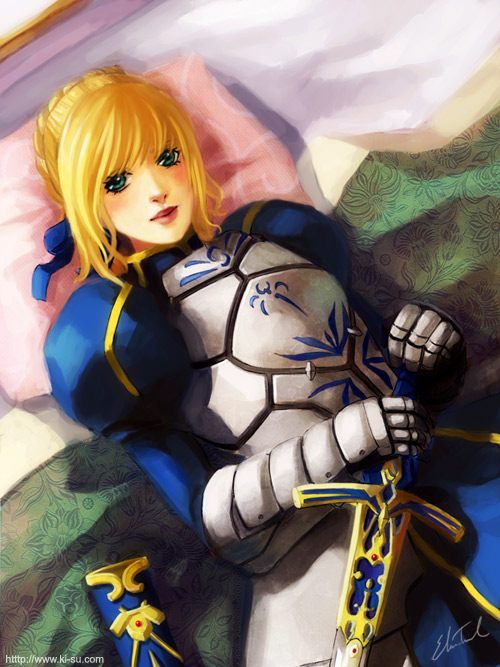 1girl, ahoge, armor, armored_dress, artoria_pendragon_(fate), blonde_hair, blush, caliburn_(fate)