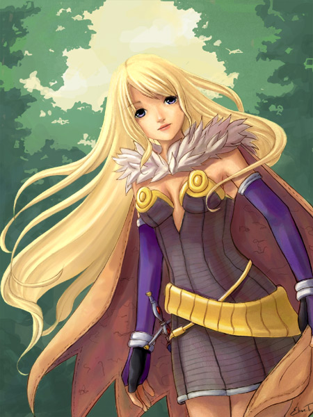 1girl, alchemist_(ragnarok_online), blonde_hair, breasts, cape, cleavage, elbow_gloves, elise_trinh