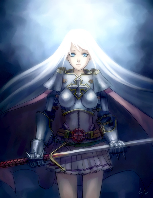 1girl, armor, armored_dress, blue_eyes, boobplate, breastplate, cape, dress