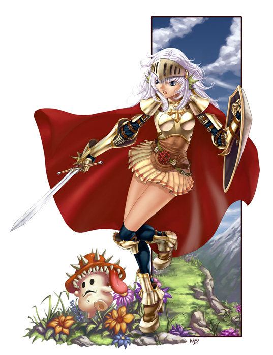 1girl, armor, bad_deviantart_id, bad_id, cape, female_focus, flower, greaves