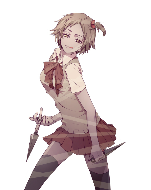 1girl, atlus, breasts, brown_eyes, brown_hair, female_focus, genderswap, genderswap_(mtf), hanamura_yousuke, knife, legs, naughty_face, persona, persona_4, pitachi, school_uniform, serafuku, skirt, small_breasts, smile, solo, standing, sweater_vest, thighhighs, tongue, zettai_ryouiki