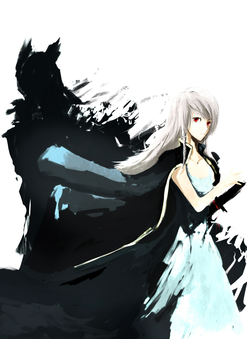 1boy, 1girl, ai_(xieezhilan), atlus, breasts, dual_persona, flat_chest, genderswap, genderswap_(mtf), highres, izanagi_(persona_4), jacket, jacket_on_shoulders, katana, long_hair, looking_at_viewer, narukami_yu, persona, persona_4, red_eyes, sword, weapon, white_hair