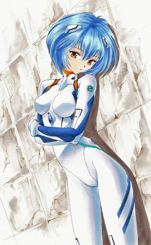 1girl, ayanami_rei, blue_hair, breasts, colored_pencil_(medium), dutch_angle, female_focus, marker_(medium)