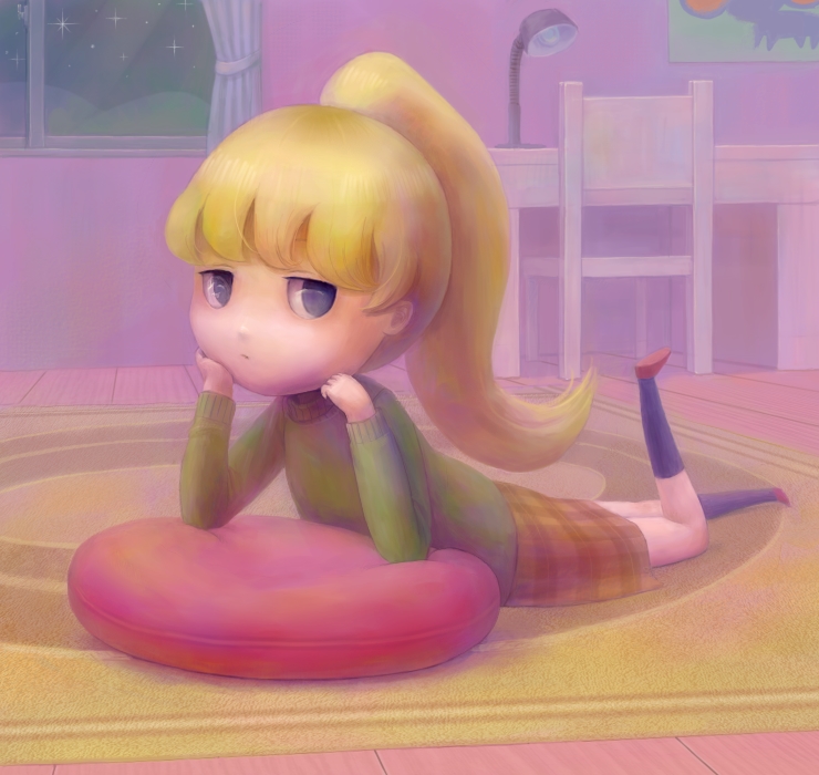 1girl, arm_support, blonde_hair, daiyou-uonome, female_focus, green_shirt, lying, pillow