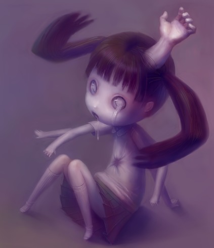 1girl, black_hair, creepy, daiyou-uonome, extra_arms, female_focus, horror_(theme), kneehighs, lowres, monoko, saliva, skirt, socks, solo, twintails, yume_nikki
