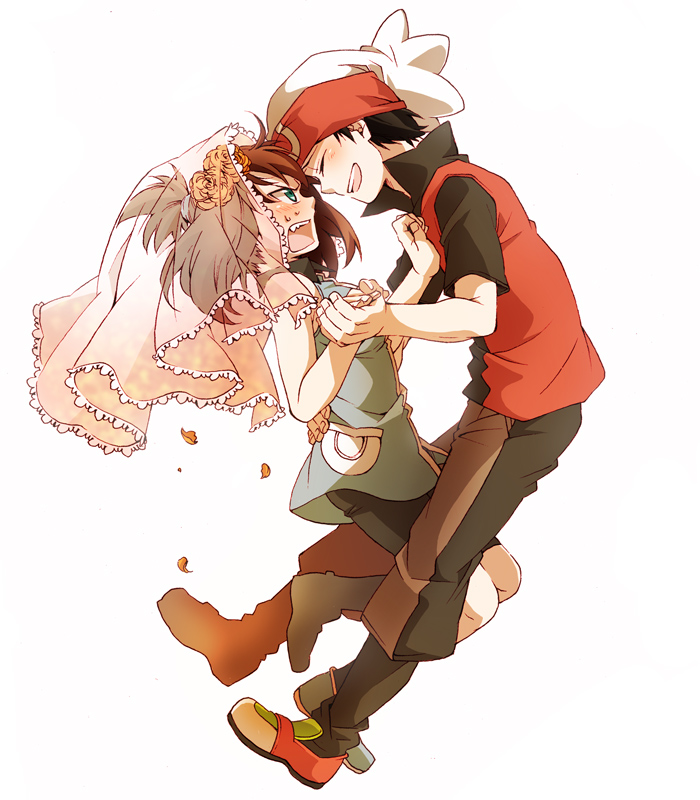 1boy, 1girl, angry, bad_id, bad_pixiv_id, black_hair, blush, brendan_(pokemon), bridal_veil, brown_hair, closed_eyes, couple, dancing, flower, green_eyes, hair_flower, hair_ornament, hat, hetero, holding_hands, may_(pokemon), nintendo, petals, pokemon, pokemon_adventures, simple_background, smile, takagi_kick, tsundere, veil, white_background