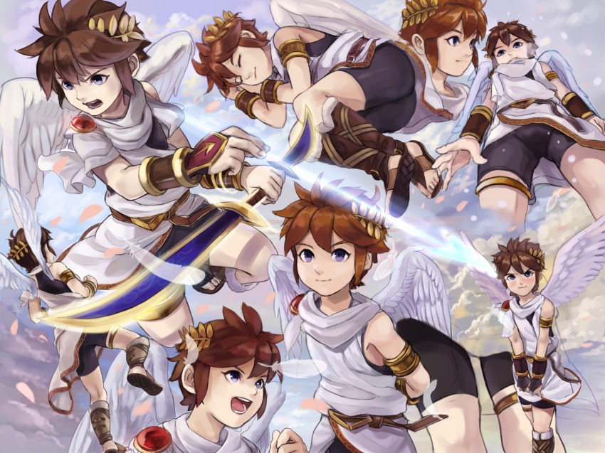 1boy, belt, bike_shorts, blue_eyes, blush, bow_(weapon), brown_hair, bulge, covering_privates, closed_eyes, fingerless_gloves, from_below, frown, gloves, highres, kid_icarus, kujiranohane, lying, male_focus, multiple_views, nintendo, on_side, open_mouth, pit_(kid_icarus), sandals, scarf, short_hair, sleeping, smile, tunic, weapon, wings