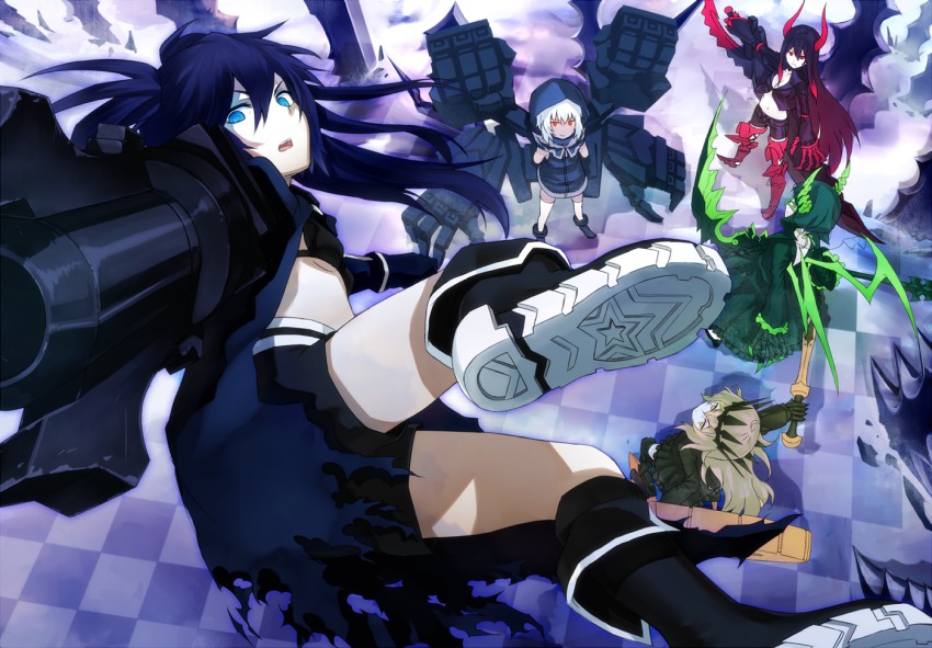 10s, 5girls, arm_cannon, black_gold_saw, black_hair, black_rock_shooter, black_rock_shooter_(character), blonde_hair, blue_eyes, boots, chariot_(black_rock_shooter), checkered_floor, claws, crown, dark-skinned_female, dark_skin, dead_master, dress, extra_arms, floor, gradient_hair, green_eyes, green_hair, hood, horns, ken_(fkenorat), king_saw, multicolored_hair, multiple_girls, orange_eyes, pale_skin, red_eyes, red_hair, scythe, shield, smile, star_(symbol), strength_(black_rock_shooter), sword, weapon, white_hair, wings, yellow_eyes