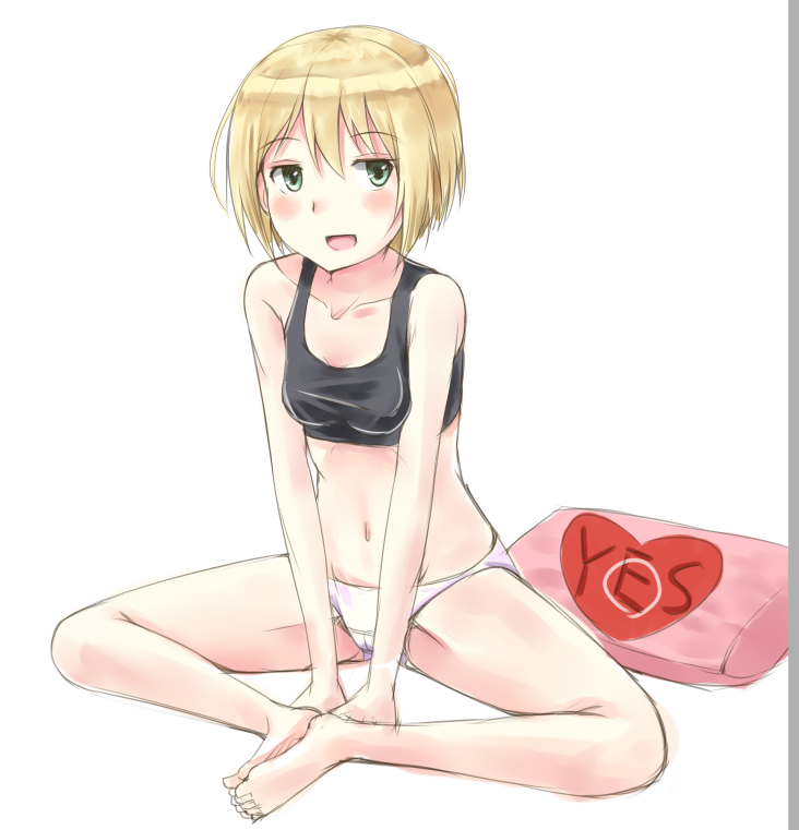 1girl, :d, arm_support, bad_id, bad_pixiv_id, bare_shoulders, barefoot, blonde_hair