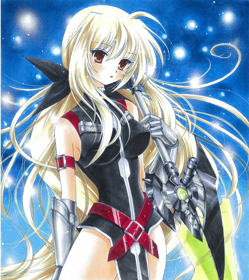 1girl, airbrush_(medium), bardiche_(nanoha), bardiche_(riot_blade_ii)_(nanoha), belt, blonde_hair, breasts, brown_eyes