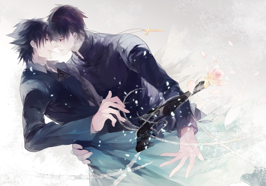 2boys, ayu_(auko2010), bad_id, bad_pixiv_id, black_eyes, black_hair, brown_eyes, brown_hair