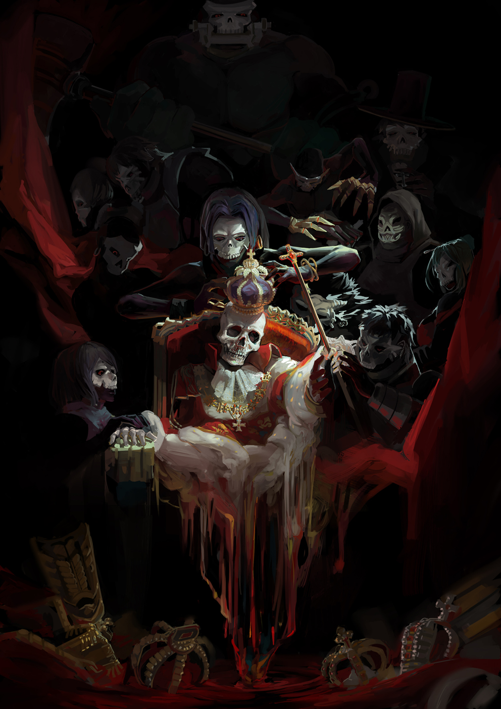 2girls, 6+boys, antiquewhite, assassin_(fate/zero), child, child_assassin_(fate/zero), crown, dark-skinned_female, dark-skinned_male, dark_skin, fate/zero, fate_(series), female_assassin_(fate/zero), highres, hood, mask, multiple_boys, multiple_girls, multiple_persona, on_throne, ponytail, purple_hair, red_eyes, scepter, skeleton, skeleton_mask, skull_mask, throne