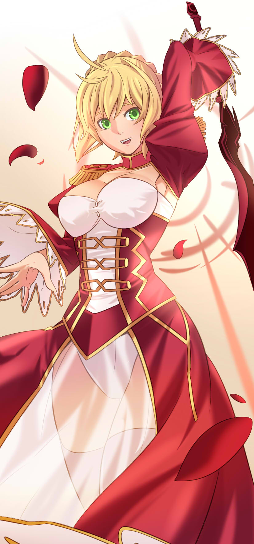 10s, 1girl, aestus_estus, ahoge, bad_id, bad_pixiv_id, blonde_hair, breasts