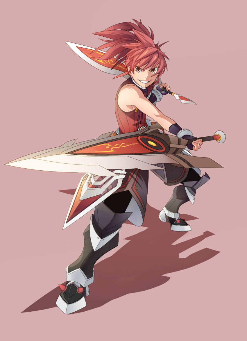 1boy, armor, asymmetrical_dual_wielding, bad_id, bad_pixiv_id, bare_shoulders, dual_wielding, elsword