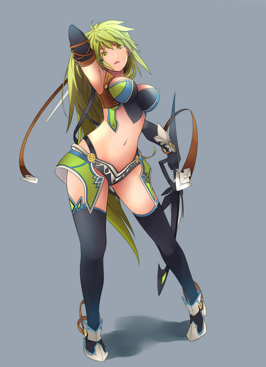1girl, bad_id, bad_pixiv_id, bow_(weapon), breasts, cleavage, elbow_gloves, elf, elsword, female_focus, fingerless_gloves, fullluv, gloves, green_eyes, green_hair, highres, large_breasts, matching_hair/eyes, pointy_ears, rena_erindel, simple_background, solo, thighhighs, trapping_ranger_(elsword), weapon