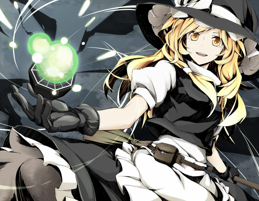 1girl, belt, black_gloves, blonde_hair, broom, female_focus, gloves, hat