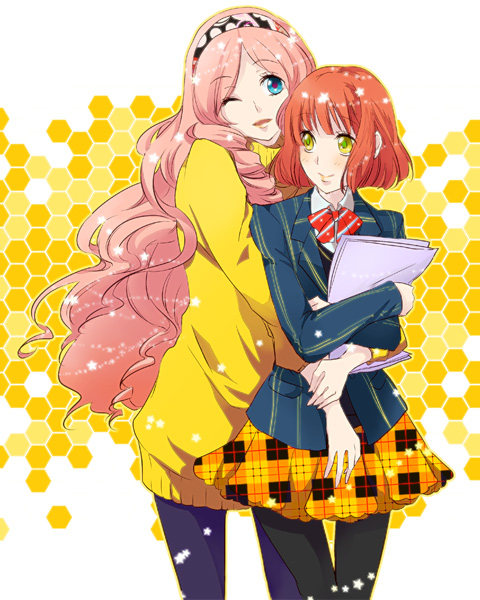 10s, 161, 1boy, 1girl, blue_eyes, bow, crossdressing, hairband, hetero, hug, long_hair, nanami_haruka, one_eye_closed, pantyhose, pink_hair, plaid_clothes, plaid_skirt, red_hair, school_uniform, short_hair, skirt, sweater, trap, tsukimiya_ringo, uta_no_prince-sama, wink, yellow_eyes