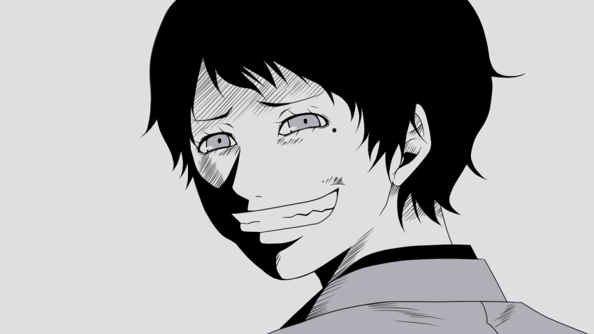 1boy, atlus, black_hair, formal_clothes, gintama, grey_eyes, grey_theme, greyscale