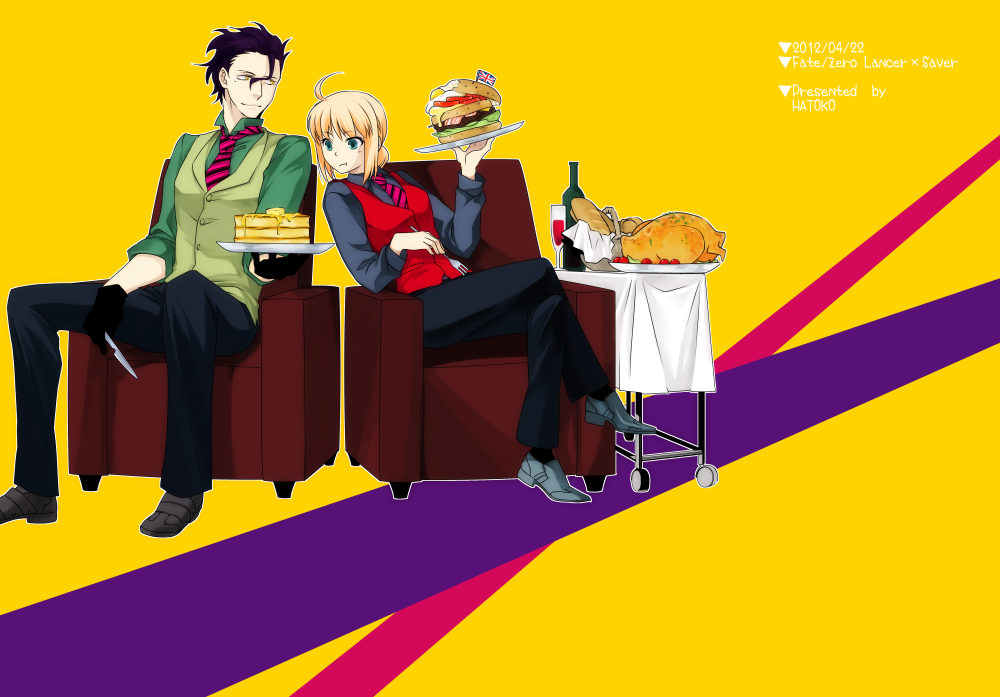 1boy, 1girl, ahoge, artoria_pendragon_(fate), bad_id, bad_pixiv_id, black_gloves, black_hair