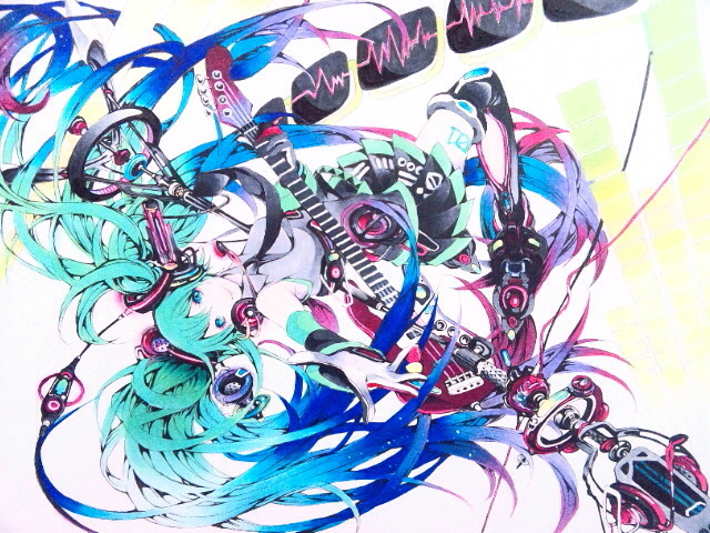 1girl, aqua_eyes, aqua_hair, bad_id, bad_pixiv_id, detached_sleeves, electric_guitar, female_focus