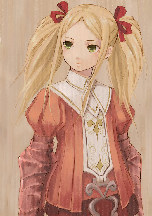 1girl, blonde_hair, female_focus, gauntlets, green_eyes, kishida_mel, orange_shirt, radiata_stories