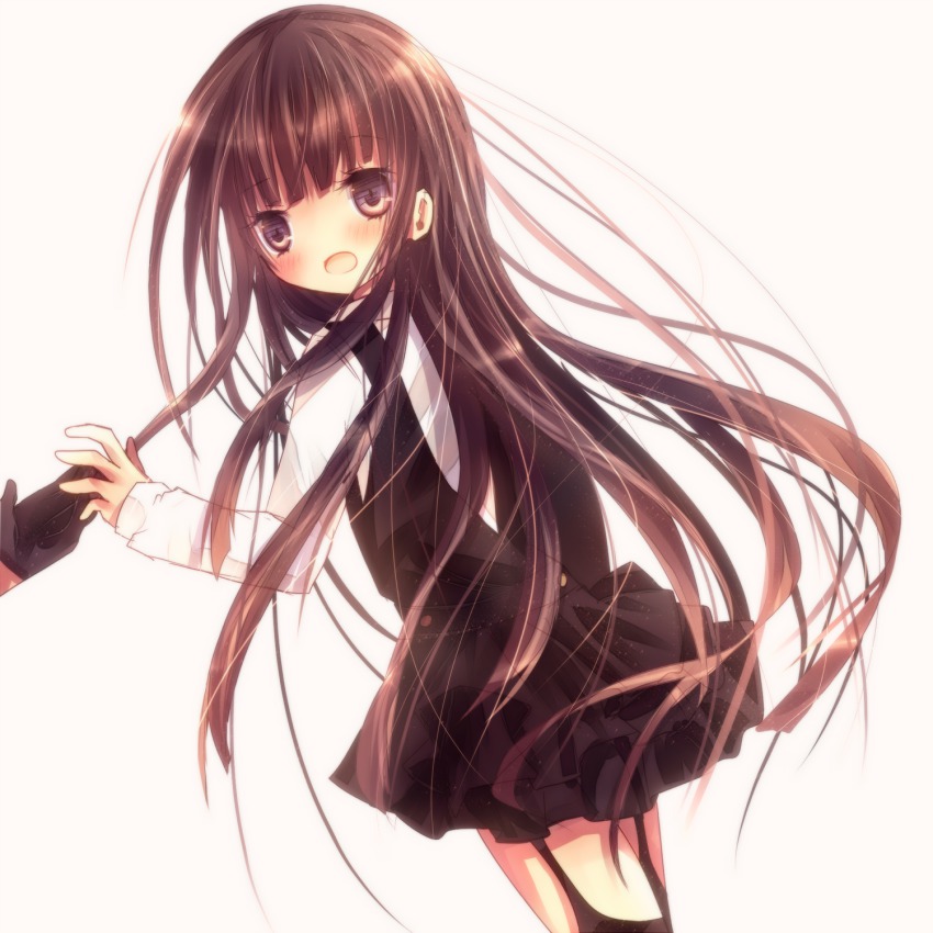 10s, 1boy, 1girl, black_hair, black_thighhighs, blush, dress, garter_belt