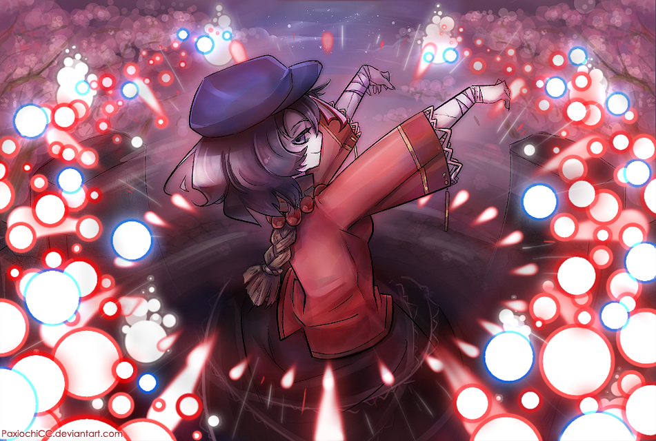 1girl, bad_deviantart_id, bad_id, blouse, danmaku, female_focus, grin, hat, looking_back, miyako_yoshika, outstretched_arms, paxiochicc, purple_eyes, purple_hair, red_shirt, rope, shirt, smile, solo, spell_card, tombstone, touhou, tree, watermark, zombie_pose