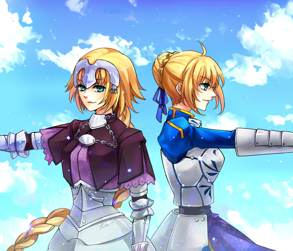 2girls, ahoge, aqua_eyes, armor, armored_dress, artoria_pendragon_(fate), blonde_hair, braid