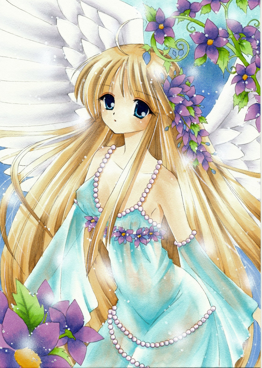1girl, absurdres, ahoge, airbrush_(medium), angel_wings, bare_shoulders, bead_band, beads