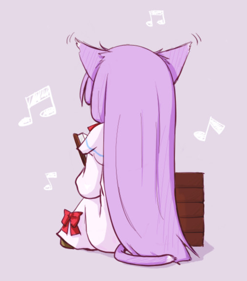 1girl, animal_ears, bad_id, bad_pixiv_id, book, cat_ears, cat_girl, cat_tail, chibi, female_focus, from_behind, long_hair, musical_note, natsuki_(silent_selena), open_book, patchouli_knowledge, purple_hair, sitting, solo, tail, touhou