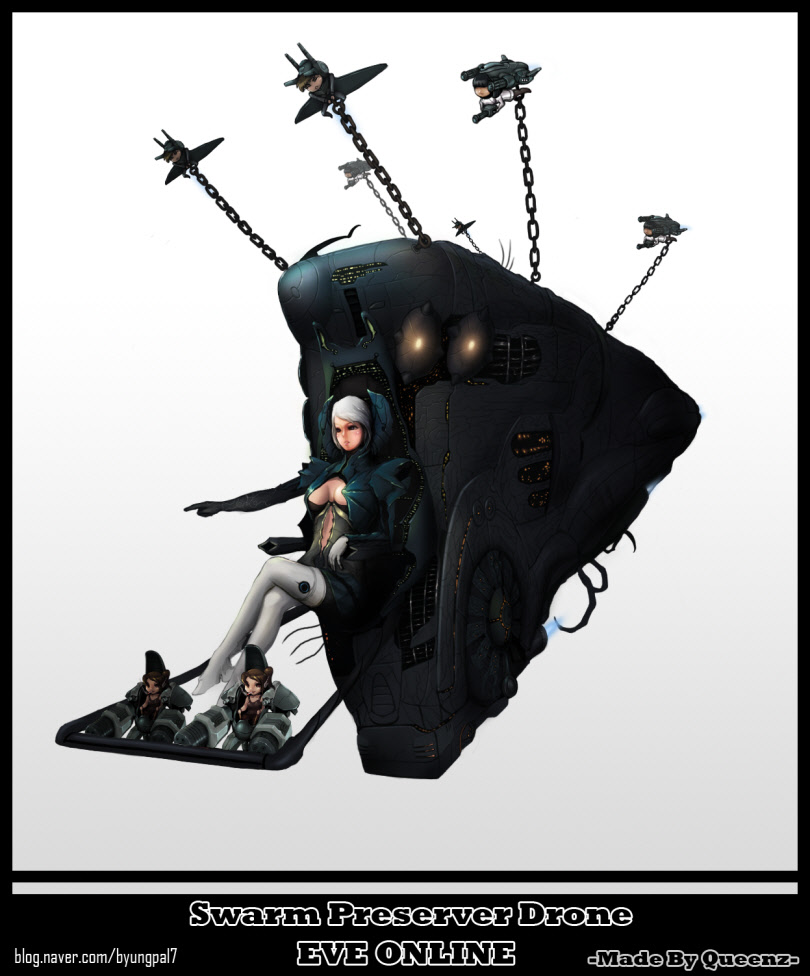 1girl, 6+girls, afterburner, battleship_(eve_online), black_border, black_hair, blue_fire, boots, border, breasts, brown_hair, cannon, carrier, chain, chibi, combat_drone_(eve_online), commentary, copyright_name, dark-skinned_female, dark_skin, destroyer, dominix_(eve_online), drone, droneboat_(eve_online), eve_online, fire, flying, gallente_federation_(eve_online), gloves, glowing, gun, heavy_drone_(eve_online), hobgoblin_(eve_online), light_blush, light_drone_(eve_online), machinery, mecha_musume, medium_breasts, mekito1, military, military_vehicle, multiple_girls, ogre_(eve_online), outstretched_arm, personification, pointing, science_fiction, ship, simple_background, sitting, size_difference, space_ship, spacecraft, spaceship, thigh_boots, thrusters, warship, watercraft, weapon, white_background, white_footwear, white_gloves, white_hair