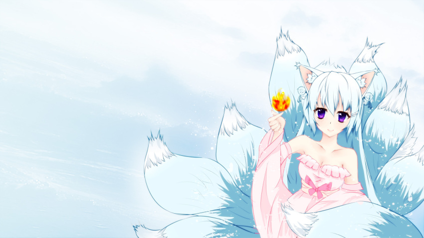 1girl, ahri_(league_of_legends), alternate_eye_color, alternate_hair_color, animal_ears, bad_id, bad_pixiv_id, bell, blush, breasts, cleavage, detached_sleeves, dress, fallen_(jkjoke), female_focus, fire, fox_ears, fox_tail, highres, league_of_legends, long_hair, multiple_tails, purple_eyes, silver_hair, small_breasts, smile, solo, tail