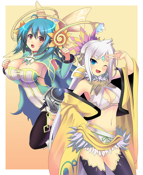 2girls, armor, bare_shoulders, belt, blue_eyes, blue_hair, breasts, brown_eyes