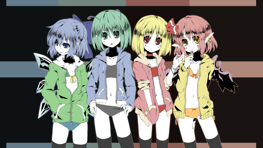 4girls, alternate_costume, antennae, bad_id, bad_pixiv_id, bikini, black_legwear, blonde_hair