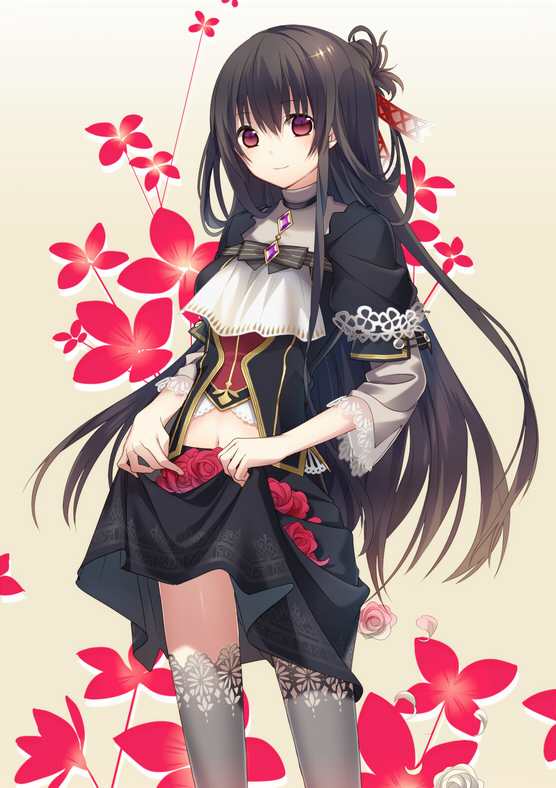 1girl, bad_id, bad_pixiv_id, black_hair, black_thighhighs, clothes_lift, dress, female_focus, flower, lace, lace-trimmed_legwear, lace_trim, long_hair, navel, original, red_eyes, rose, skirt, skirt_basket, skirt_lift, smile, solo, thighhighs, very_long_hair, yamiya_(8_18dlq)