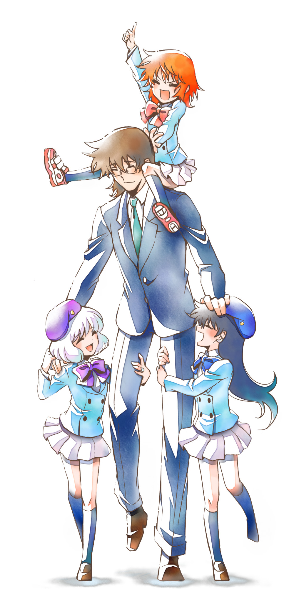 1boy, 3girls, akashi_kaoru, beret, black_hair, brown_hair, carrying, closed_eyes, formal_clothes, glasses, hat, highres, long_hair, manly, minamoto_kouichi, moi_(transmission), multiple_girls, nogami_aoi, orange_hair, pointing, pointing_up, sannomiya_shiho, short_hair, shoulder_carry, suit, uniform, white_hair, zettai_karen_children