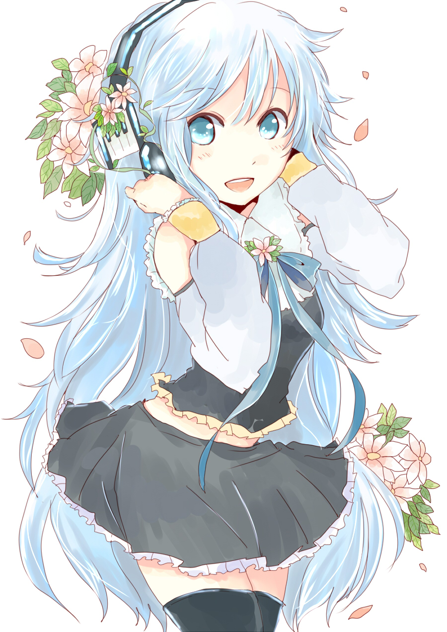 1girl, blue_eyes, blue_hair, detached_sleeves, female_focus, flower, hair_flower, hair_ornament