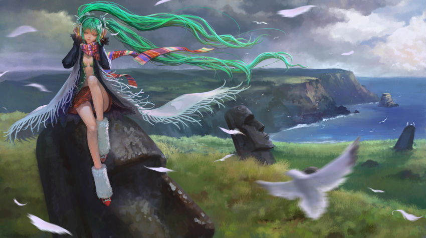 1girl, aqua_eyes, aqua_hair, bikini, bikini_top_only, bird, blurry, cliff