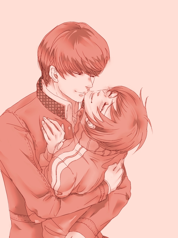 1boy, 1girl, asahijima, atlus, bad_id, bad_pixiv_id, badge, blush, button_badge, closed_eyes, couple, height_difference, hetero, houndstooth, hug, imminent_kiss, jacket, kiss_on_chin, lips, narukami_yu, persona, persona_4, satonaka_chie, school_uniform, short_hair, tomboy, track_jacket, unmoving_pattern