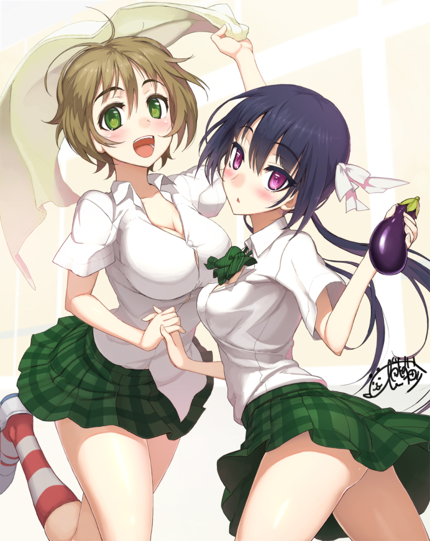 10s, 2girls, :<, :d, bad_id, bad_pixiv_id, blush, breasts, brown_hair, buttons, cleavage, dress_shirt, eggplant, green_eyes, hair_ribbon, highres, holding, holding_hands, kinoshita_ringo_(no-rin), kneehighs, leg_up, long_hair, medium_breasts, multiple_girls, nakazawa_minori, no-rin, ookuma_nekosuke, open_mouth, plaid_clothes, plaid_skirt, purple_eyes, purple_hair, ribbon, school_uniform, shirt, shoes, short_hair, signature, simple_background, skirt, small_breasts, smile, socks, straining_buttons, striped_clothes, striped_legwear, striped_socks, towel, triangle_mouth, twintails, white_background