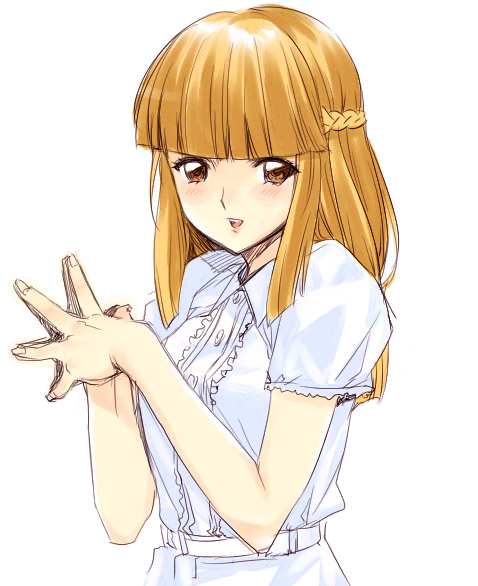 1girl, blunt_bangs, brown_eyes, brown_hair, female_focus, goshiki_suzu, half_updo, hime_cut