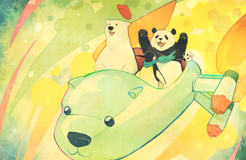 \o/, arms_up, bear, bird, hat, kotako, kotako_namu, no_humans