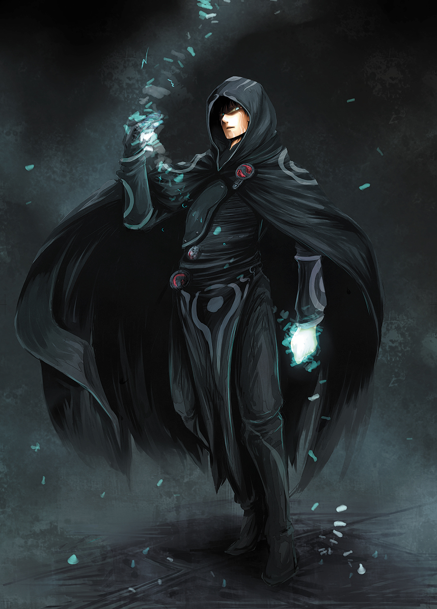 1boy, black_hair, boots, cape, glowing, glowing_eyes, highres, hood, jace_beleren, magic:_the_gathering, male_focus, matsuda_nanao, short_hair, solo