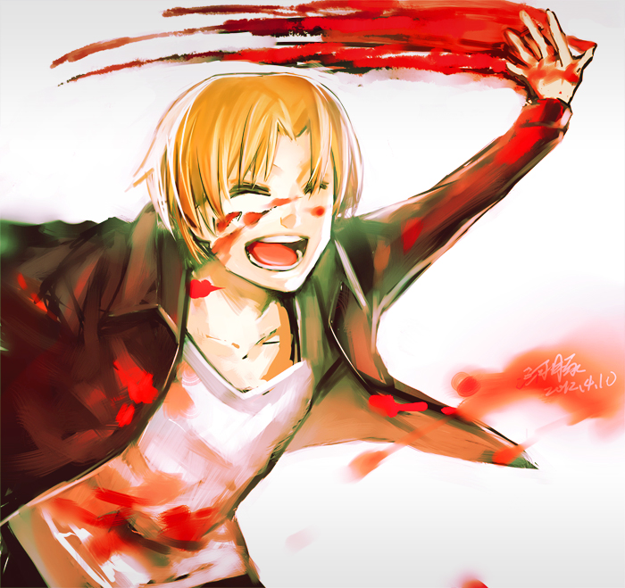 1boy, ^_^, blood, blood_on_face, closed_eyes, fate/zero, fate_(series), linghetuen