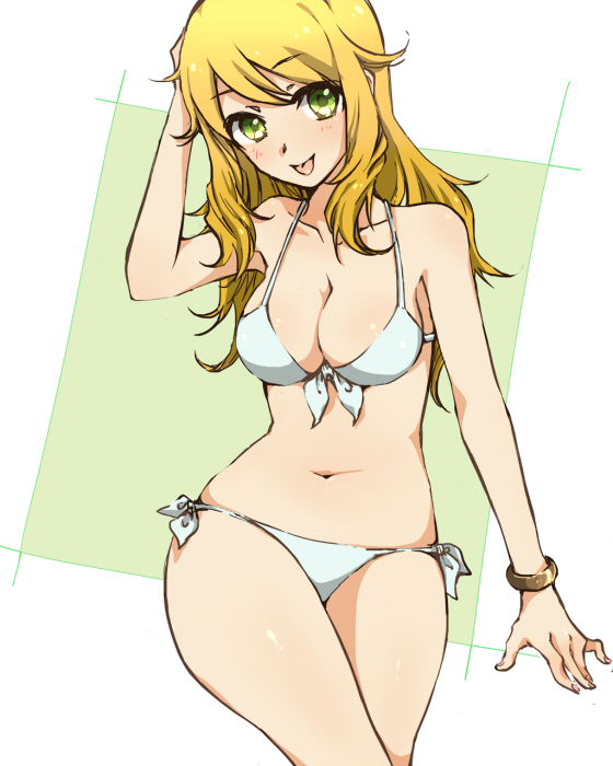 1girl, :p, bad_id, bad_pixiv_id, bikini, blonde_hair, blush, bracelet, breasts, cleavage, female_focus, green_eyes, hoshii_miki, idolmaster, idolmaster_(classic), jewelry, long_hair, miroaki, mironomeo, navel, solo, standing, swimsuit, tongue, tongue_out, white_bikini