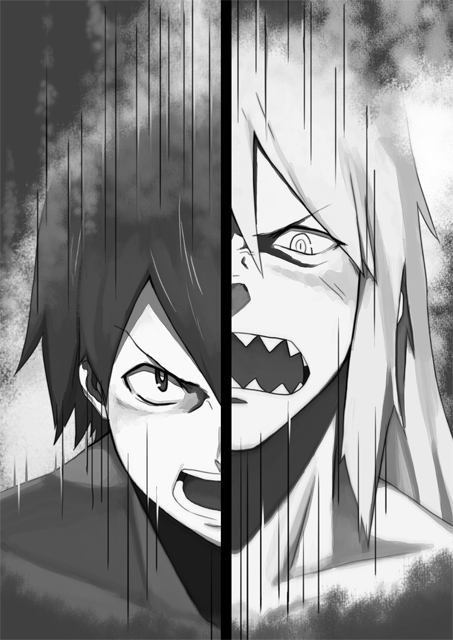 29_(artist), 2boys, greyscale, male_focus, monochrome, multiple_boys, parody, sharp_teeth, simon_(ttgl), soul_eater, teeth, tengen_toppa_gurren_lagann, viral_(ttgl)