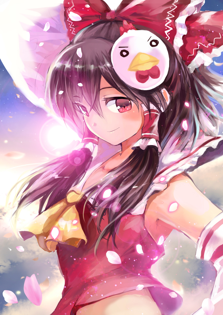 1girl, absurdres, ascot, bow, brown_hair, detached_sleeves, female_focus, hair_bow