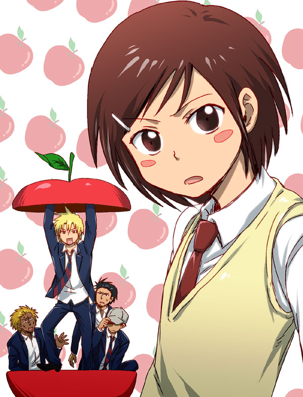 1girl, 4boys, apple, apple_print, baseball_cap, beard, blonde_hair, blush_stickers