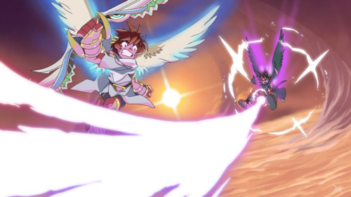 2boys, angel, angel_wings, battle, dark_pit, dark_pit_staff_(kid_icarus), eiffelart, flying, hawkeye_bow_(kid_icarus), kid_icarus, kid_icarus_uprising, lowres, multiple_boys, nintendo, no_humans, pit_(kid_icarus), short_hair, sky, weapon, wings