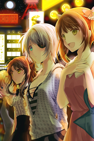 4girls, bag, blonde_hair, blue_eyes, bow, brown_hair, collarbone, expressionless, eyepatch, frills, full_moon, green_eyes, hair_ornament, hairpin, handbag, iri_flina, katie_(sword_girls), lineup, lowres, moon, multiple_girls, night, open_mouth, outdoors, reum, ribbon, short_hair, short_hair_with_long_locks, sita_vilosa, smile, solid_circle_eyes, star_(symbol), striped, sword_girls, white_hair, yellow_eyes